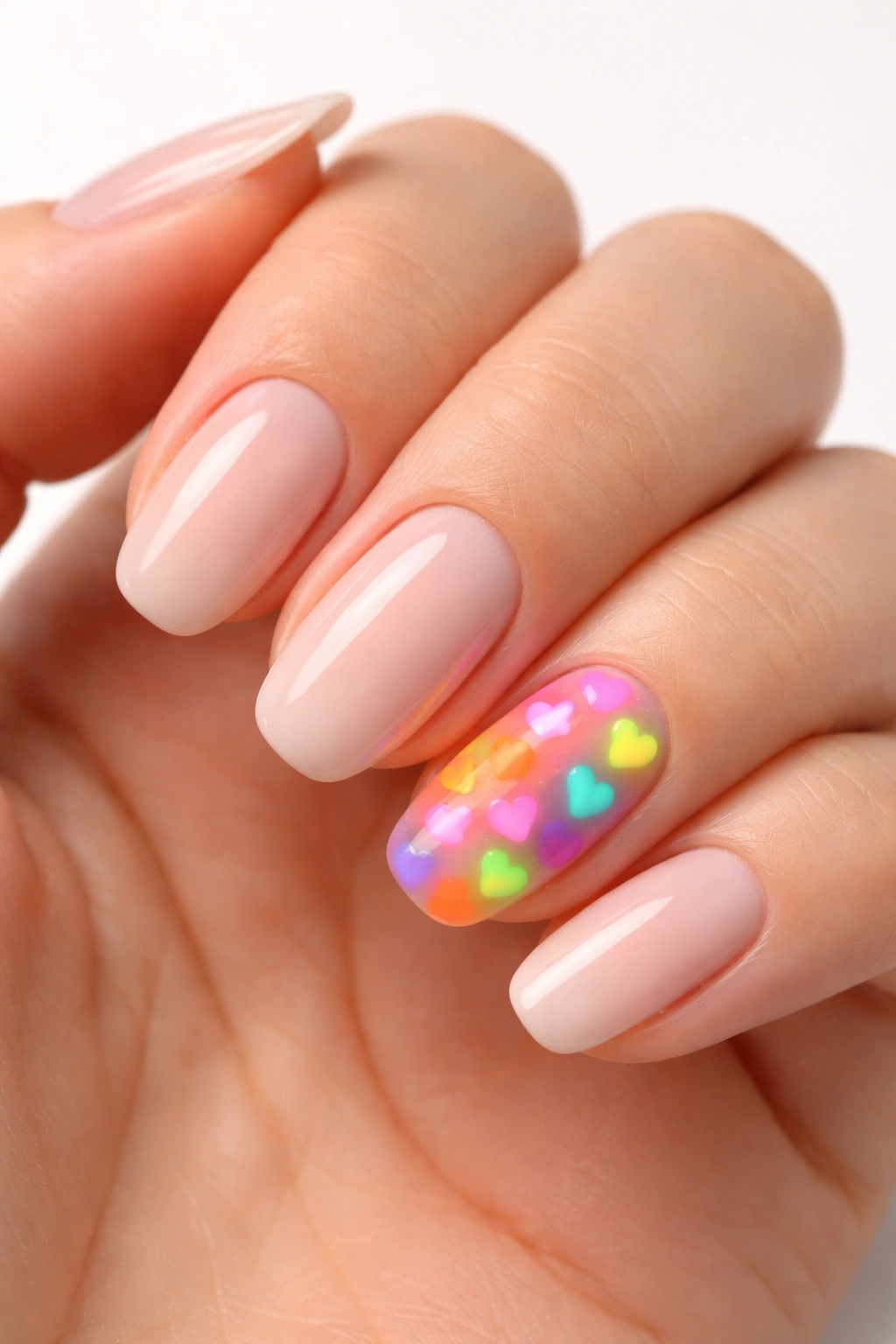 Neon heart accents on neutral-toned nails