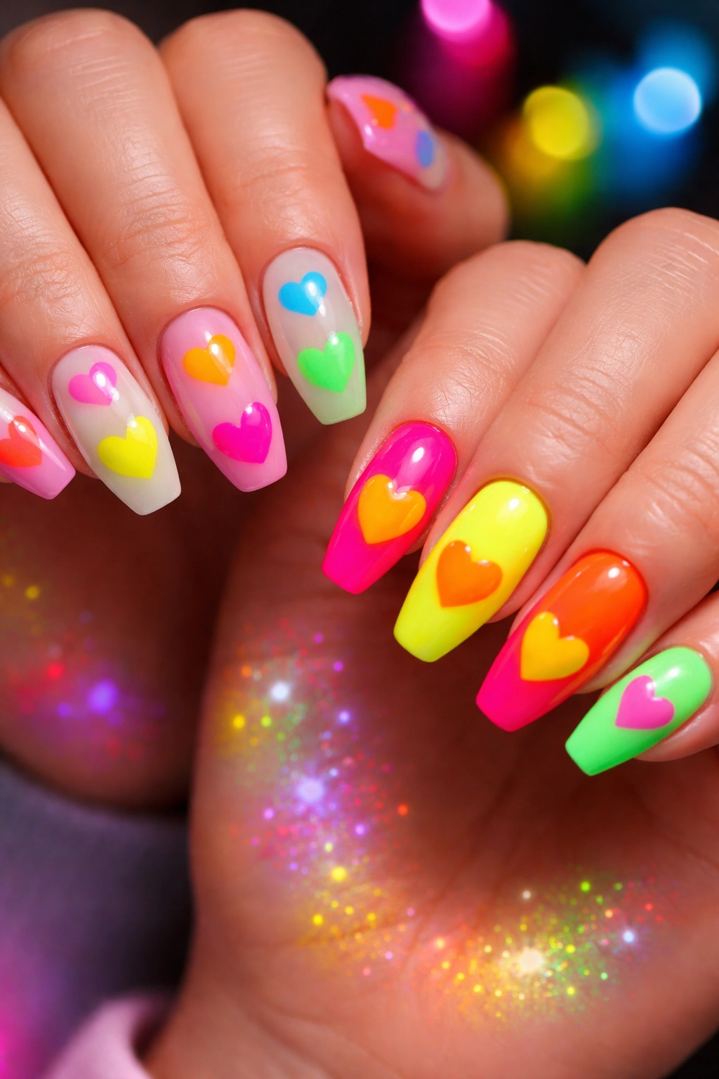 Nails with bright neon heart shapes on a white base