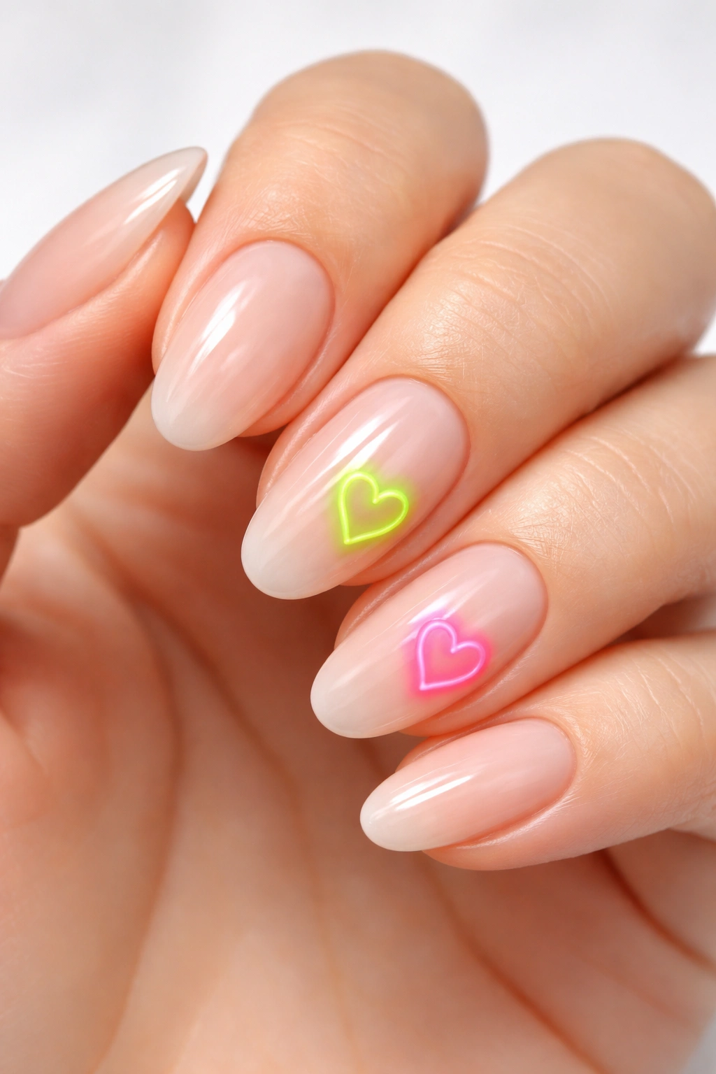 Neon heart accents on neutral-toned nails