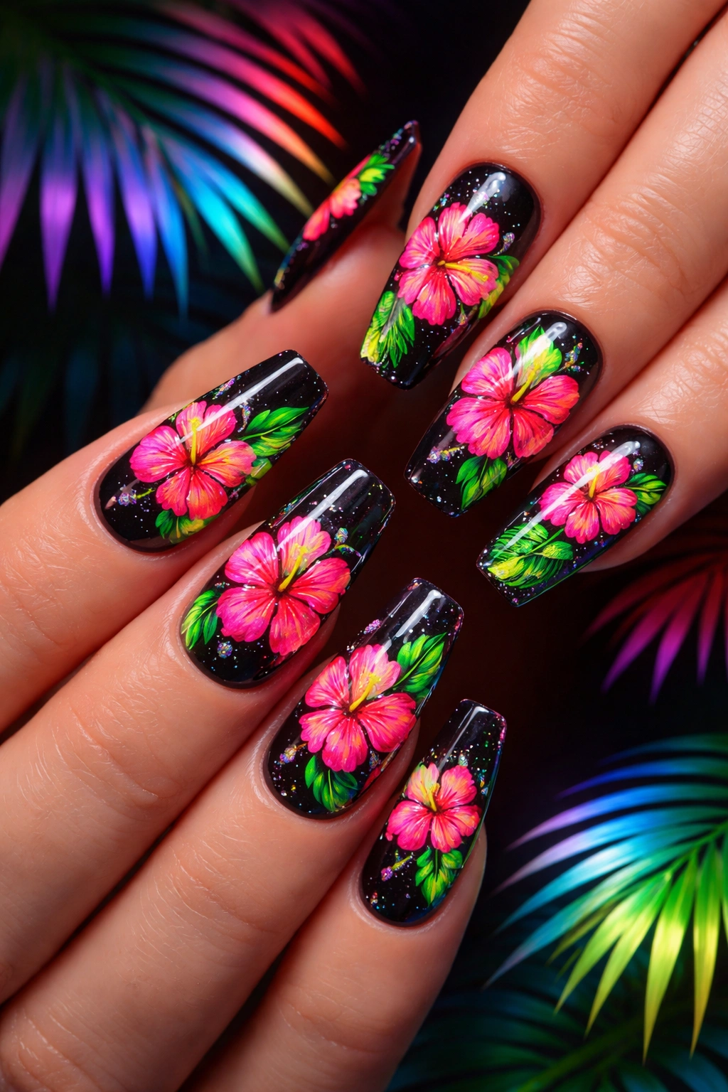 Close-up of neon hibiscus nails on a dark background