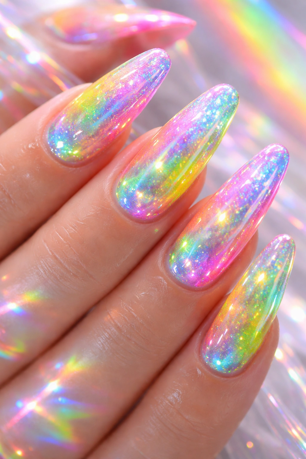 Neon holographic iridescent nails with rainbow sparkle