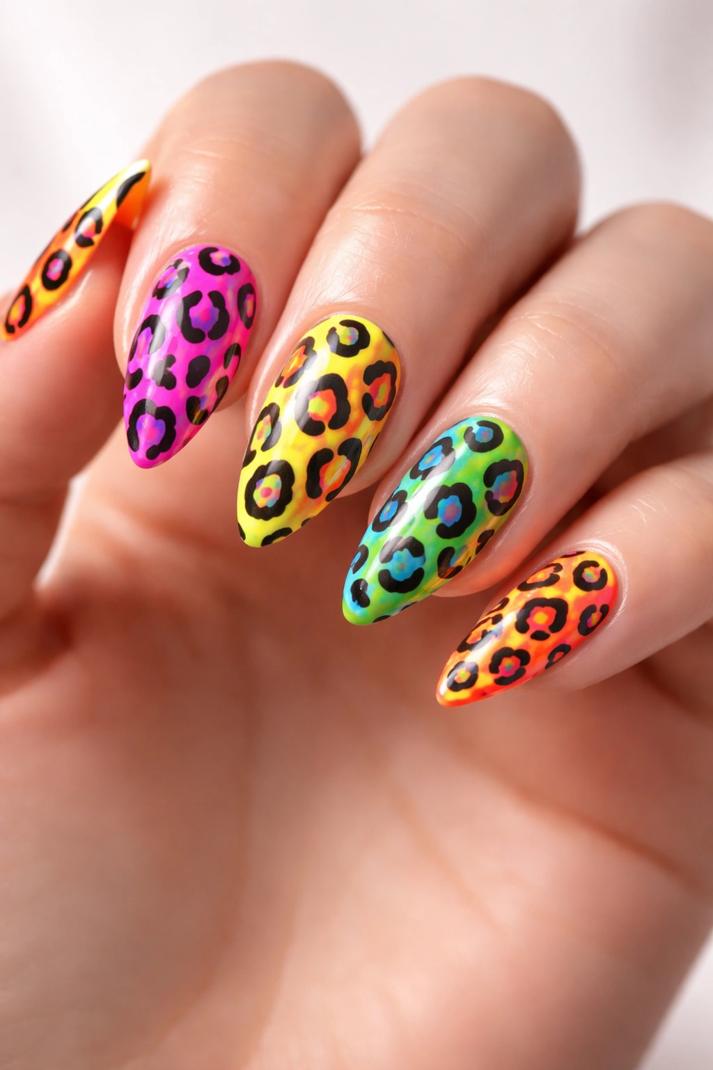Close-up of hands featuring neon leopard print nails on a lime base