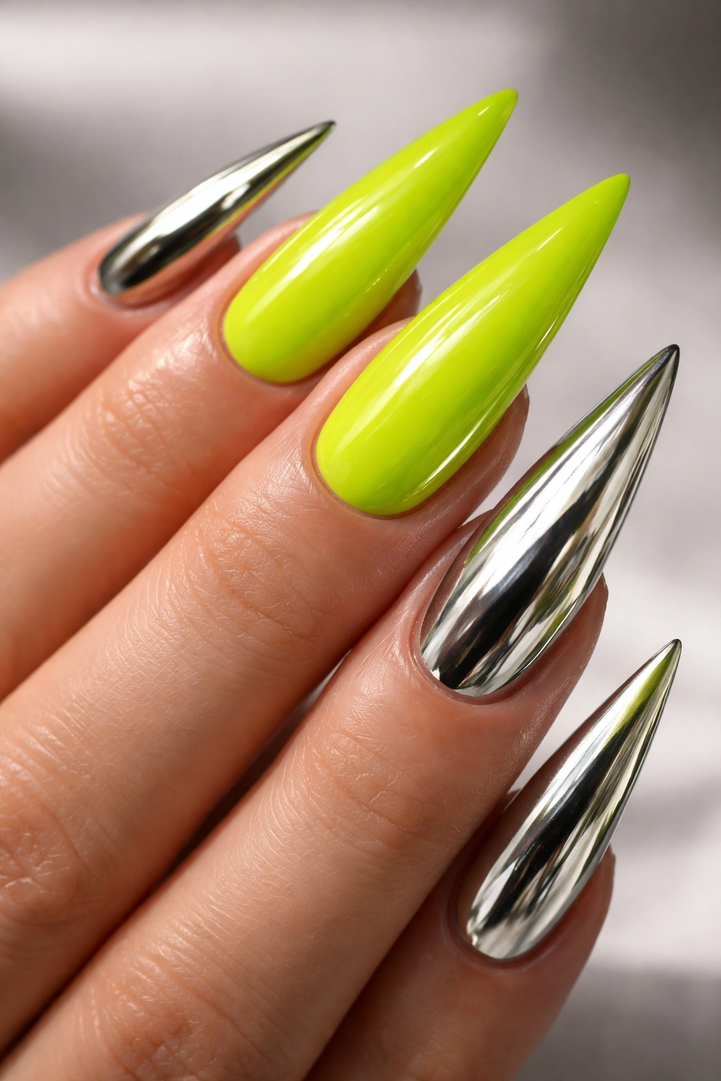 Close-up of neon lime stiletto nails with chrome accents on accent nails