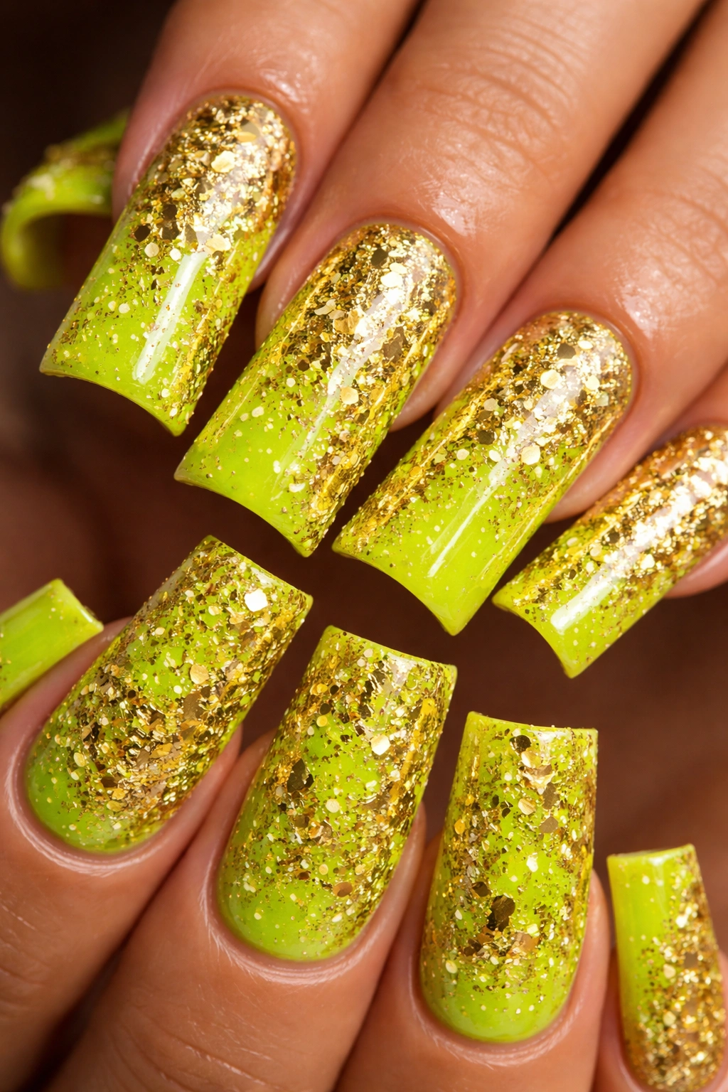 Close-up of neon lime duck nails with gold leaf and glitter.