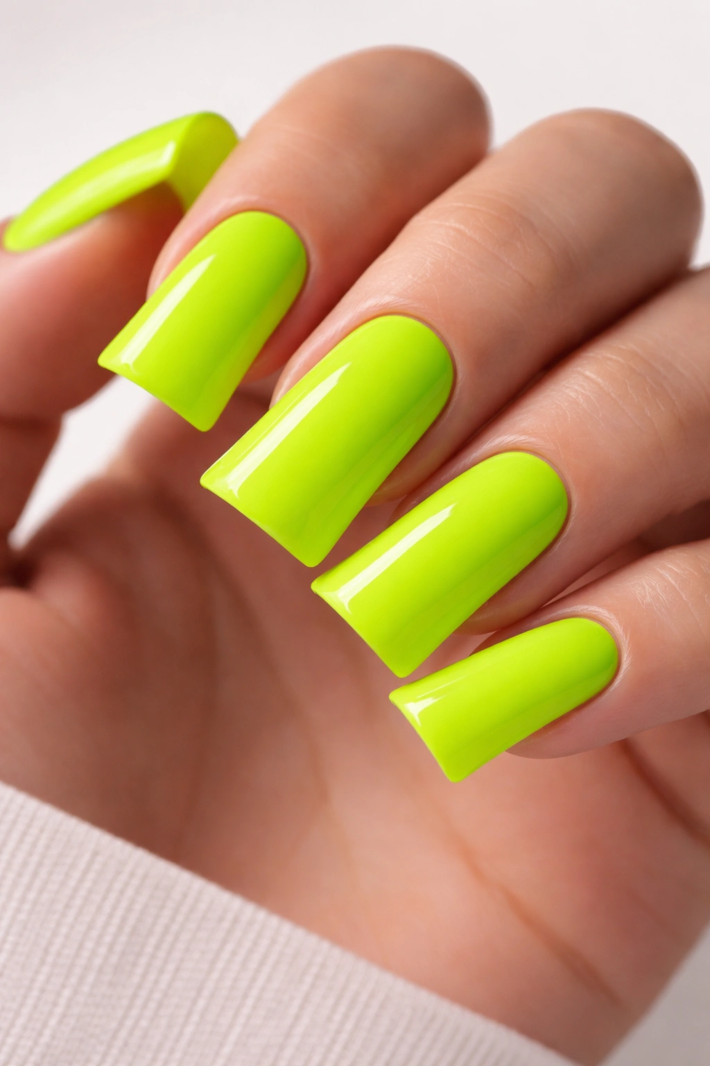 Close-up of neon lime green duck nails with bold color