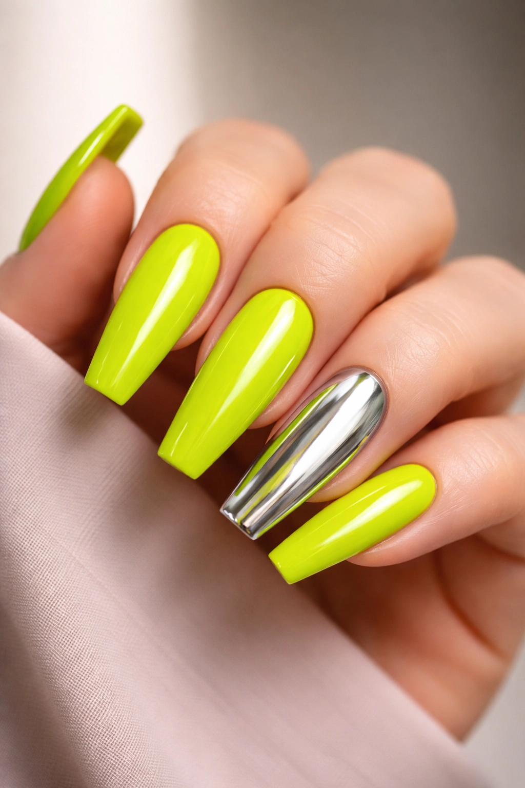 Close-up of coffin nails with neon lime and chrome accents