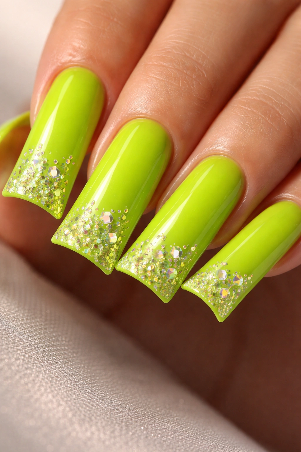 Close-up of neon lime duck nails with diamond glitter on tips and glossy finish