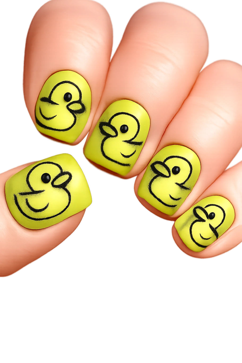 Neon lime green nails with black-outlined duck silhouettes.