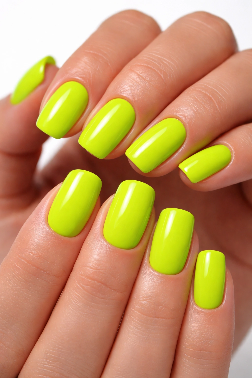 Neon lime green nails on short squoval shape with high gloss