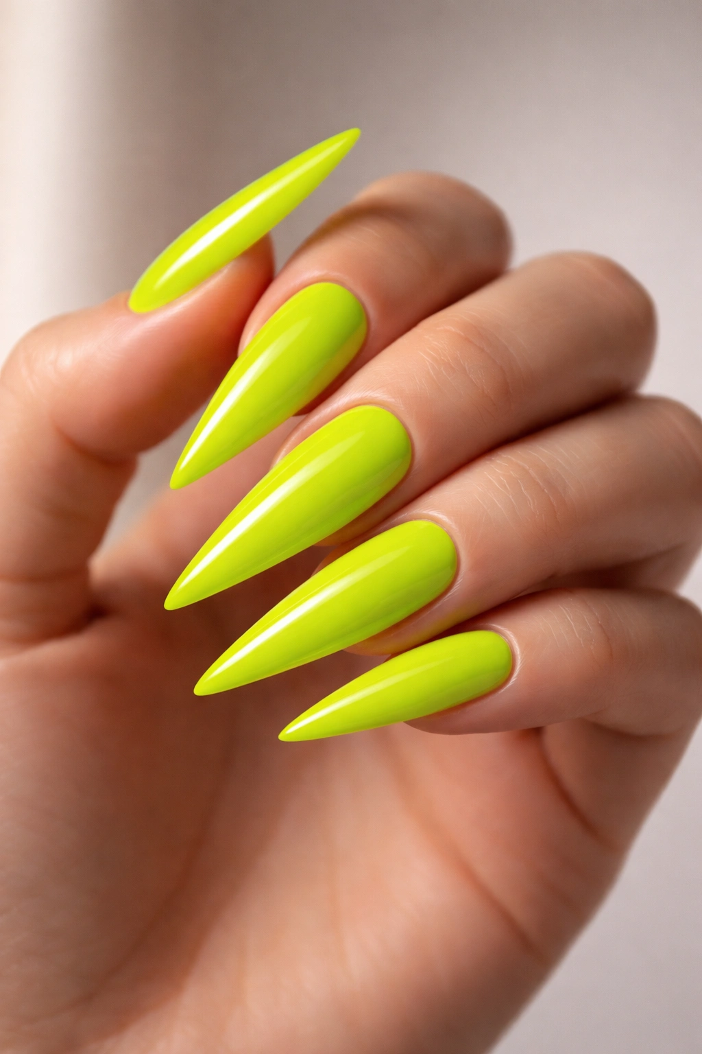 Close-up of electric lime neon stiletto nails with glossy finish on a hand