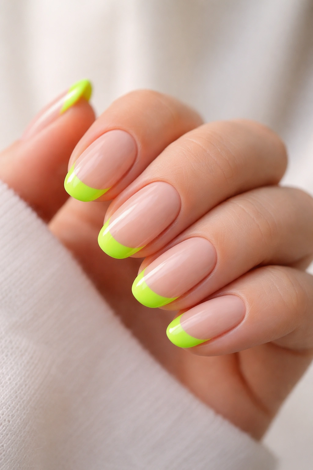 Close-up of short oval nails with neon lime tips on a nude base