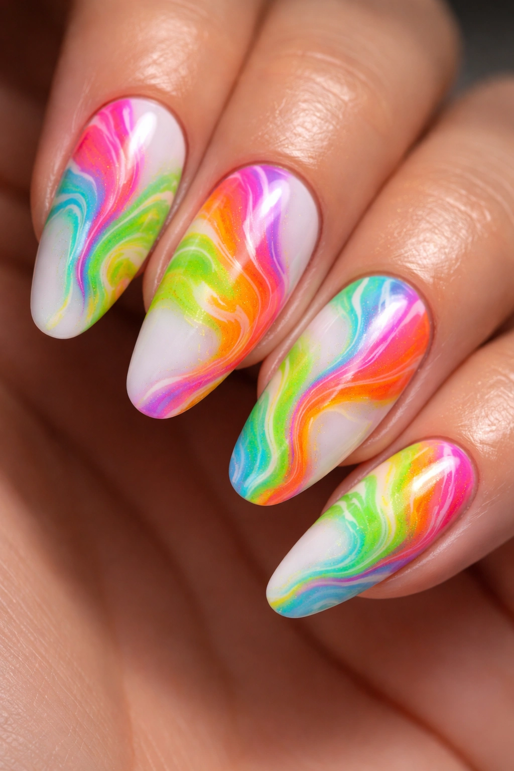 Neon marble nail art with vivid neon swirls on white base