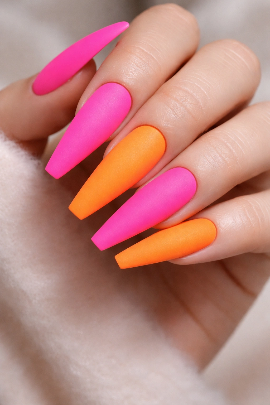 Matte neon nails in hot pink and orange on a hand