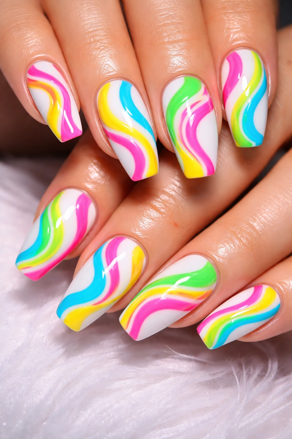 Close-up of neon swirl nail art with bold colors