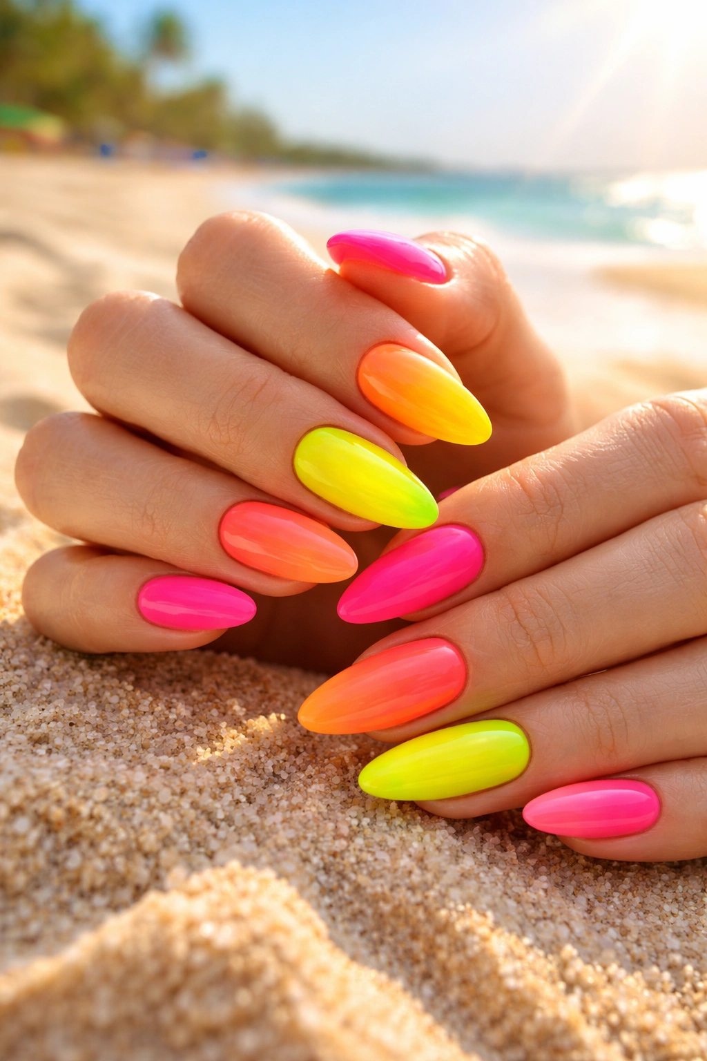 Close-up of hands with neon pink, orange, and yellow nails on sandy beach
