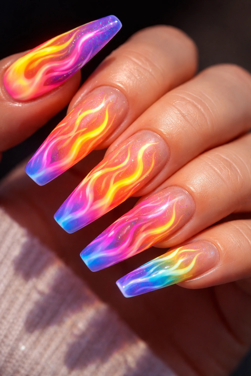 Close-up of neon flame acrylic nails on a neutral background