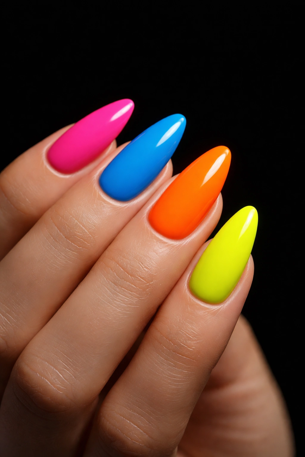 Close-up of neon nails on a hand against black background
