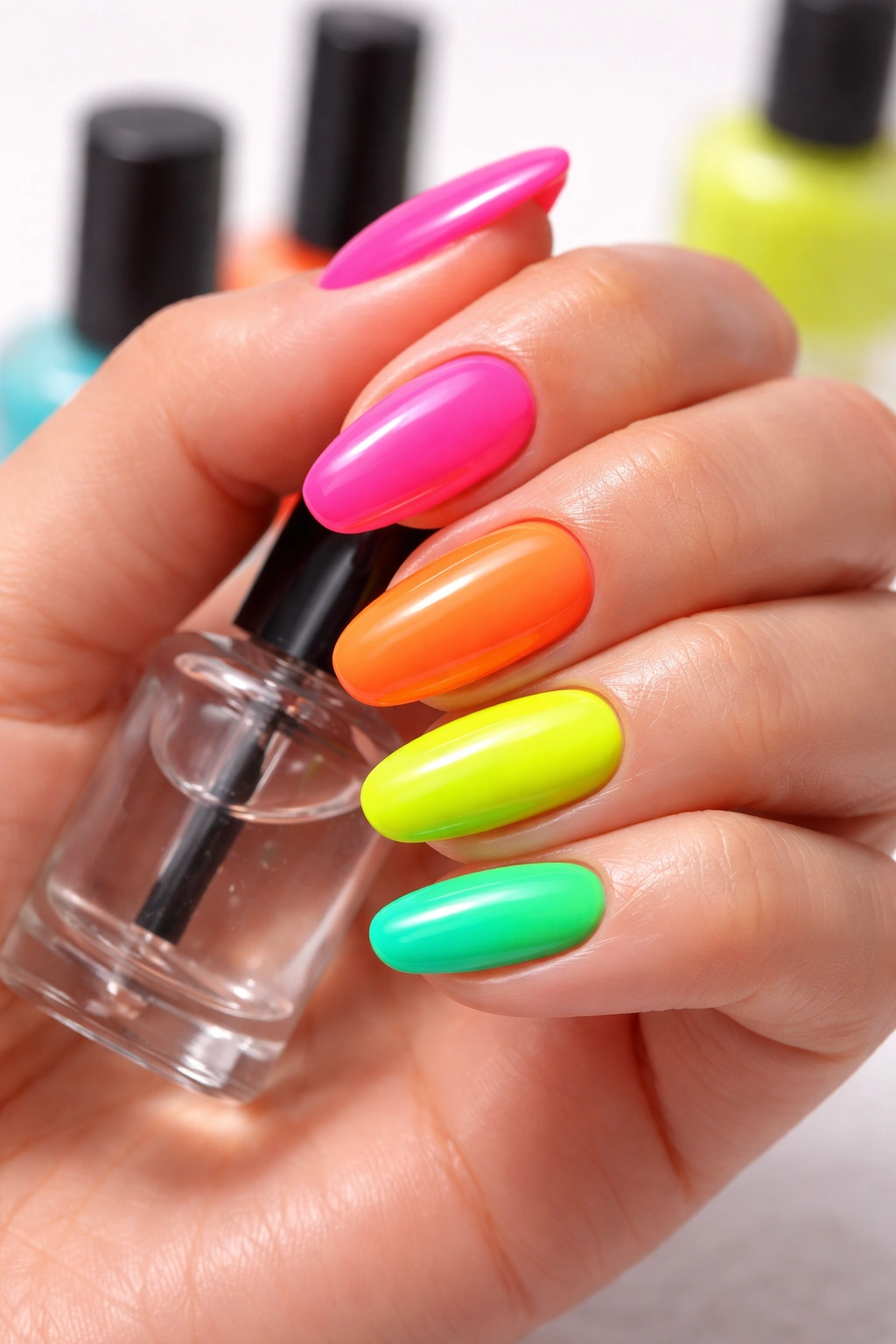 Neon nails with glossy top coat and smooth cuticles in a neutral background.