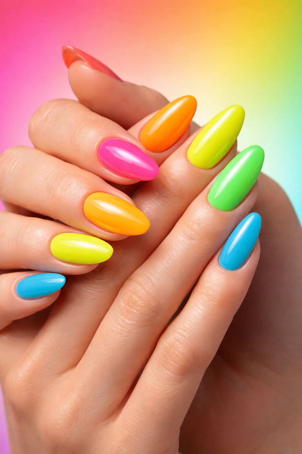 Close-up of hands displaying bright neon nails in a confident pose.
