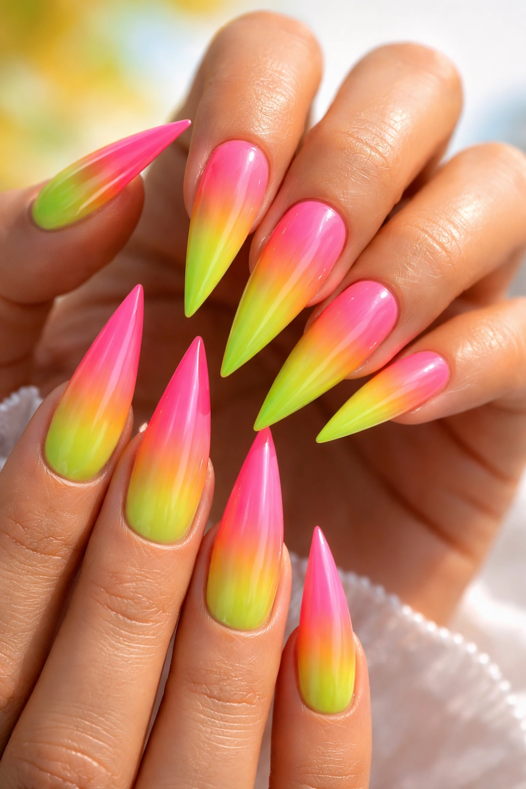Stiletto nails neon pink to lime green sunset gradient