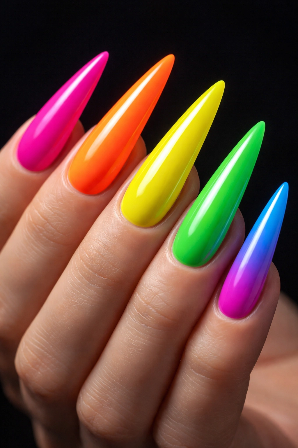 Close-up of neon rainbow stiletto nails with bright colors on a dark background
