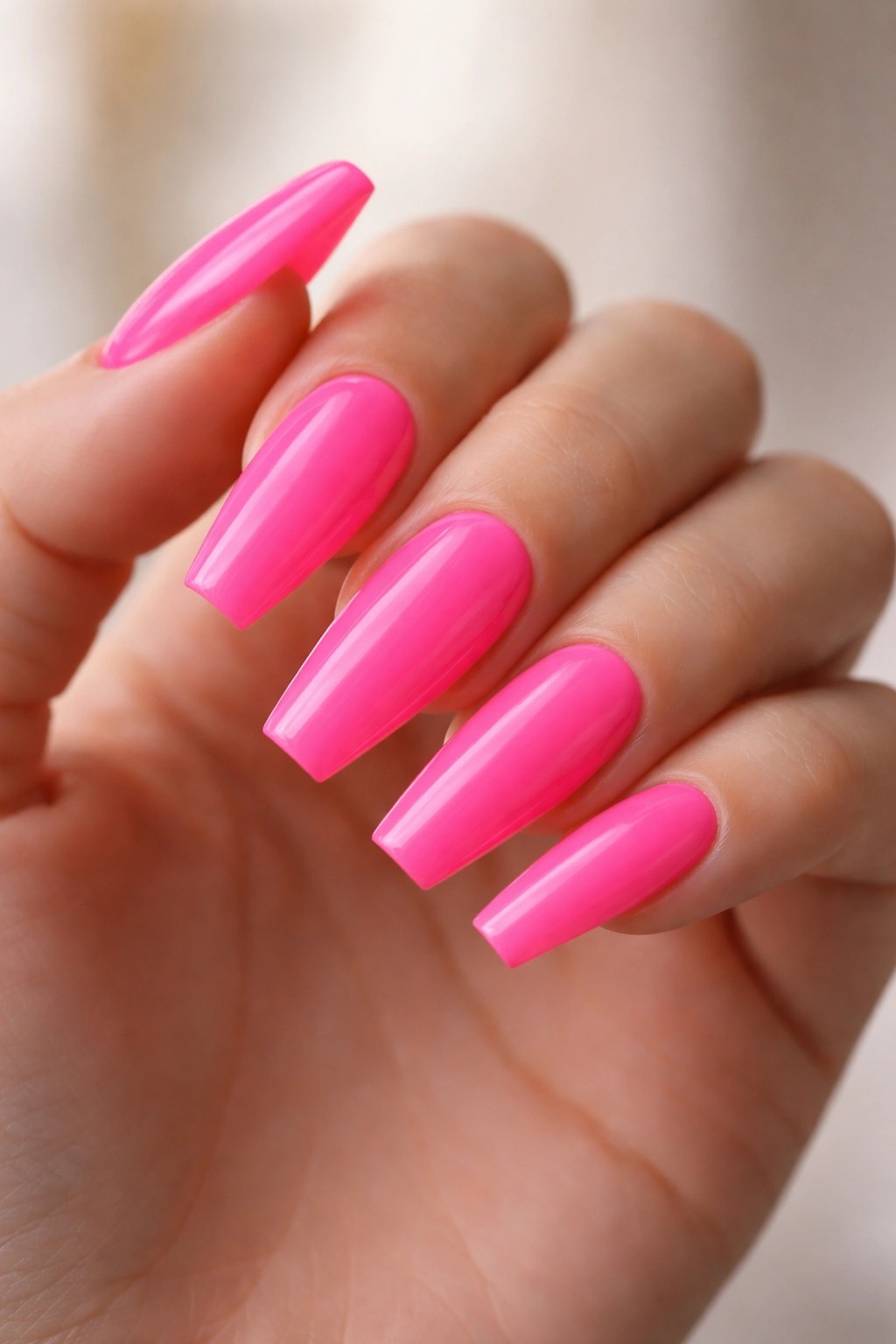 Close-up neon pink ballerina nails with sharp squared tips and tapered sides