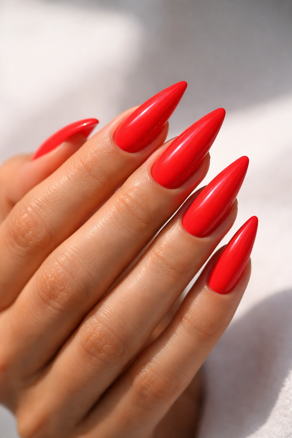 Close-up of neon red stiletto nails on medium length with bold color.