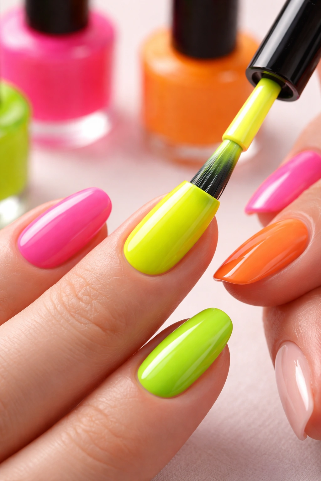 Close-up neon nails being applied with a fine brush in a clean studio.