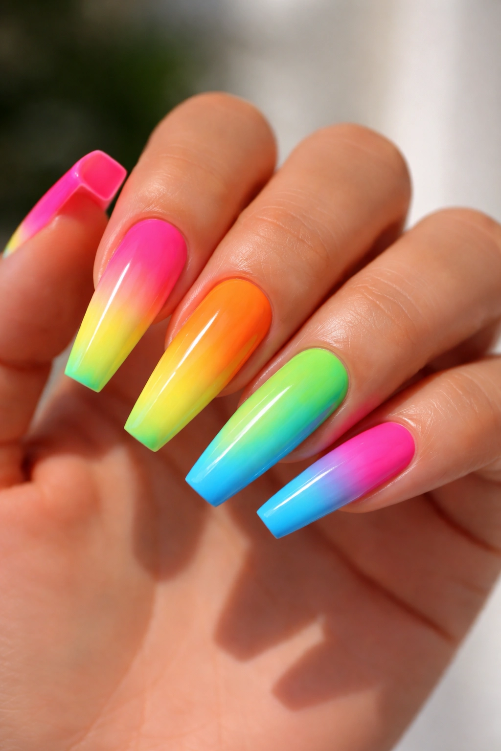 Close-up of coffin nails with neon rainbow ombre on a natural-toned hand