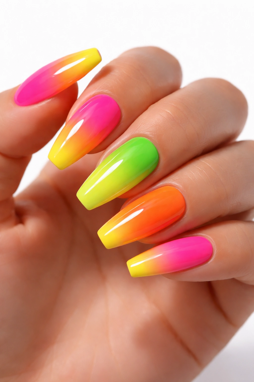 Close-up neon ombre nails with electric pink to yellow gradient, glossy finish