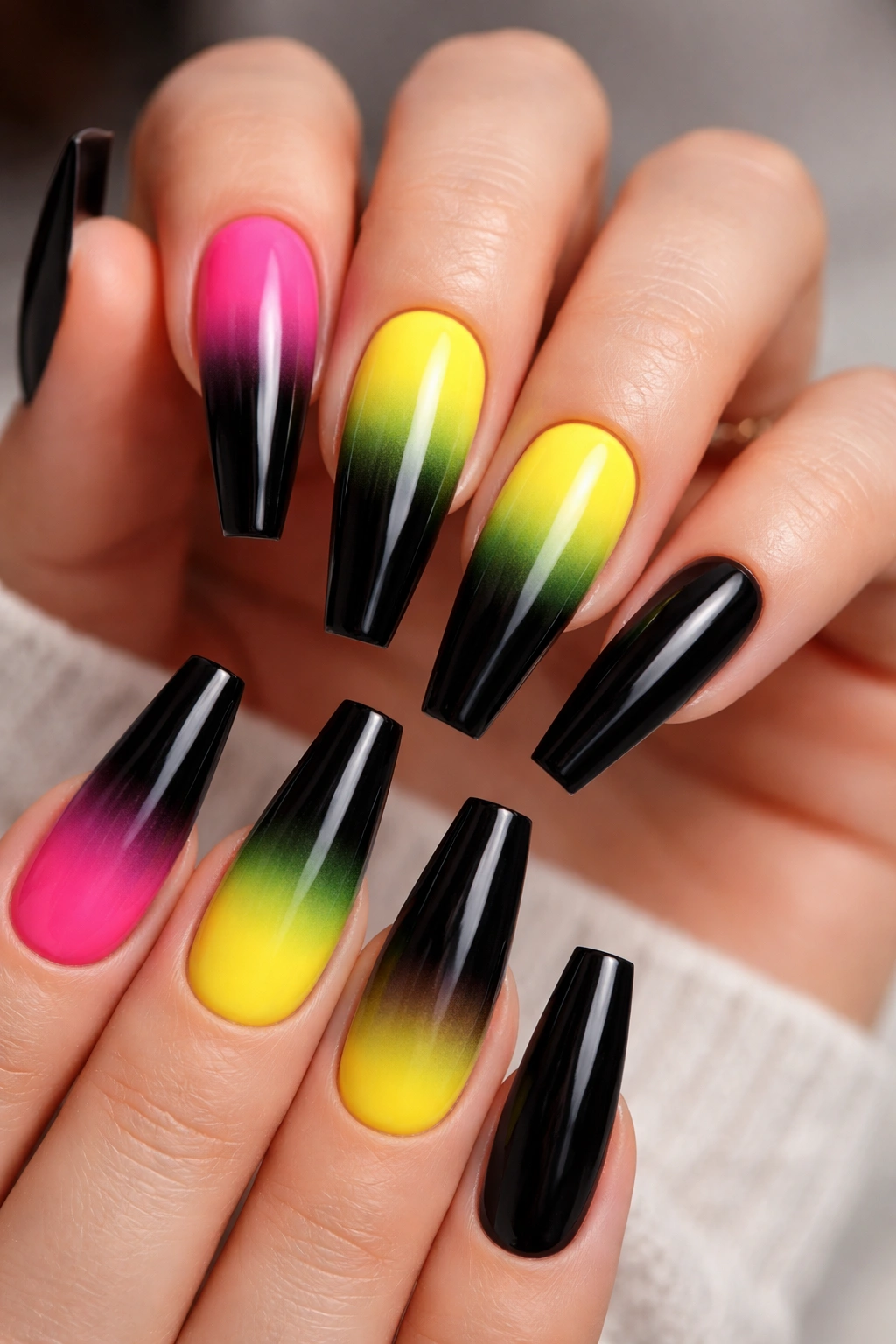 Neon to black ombre coffin nails close-up