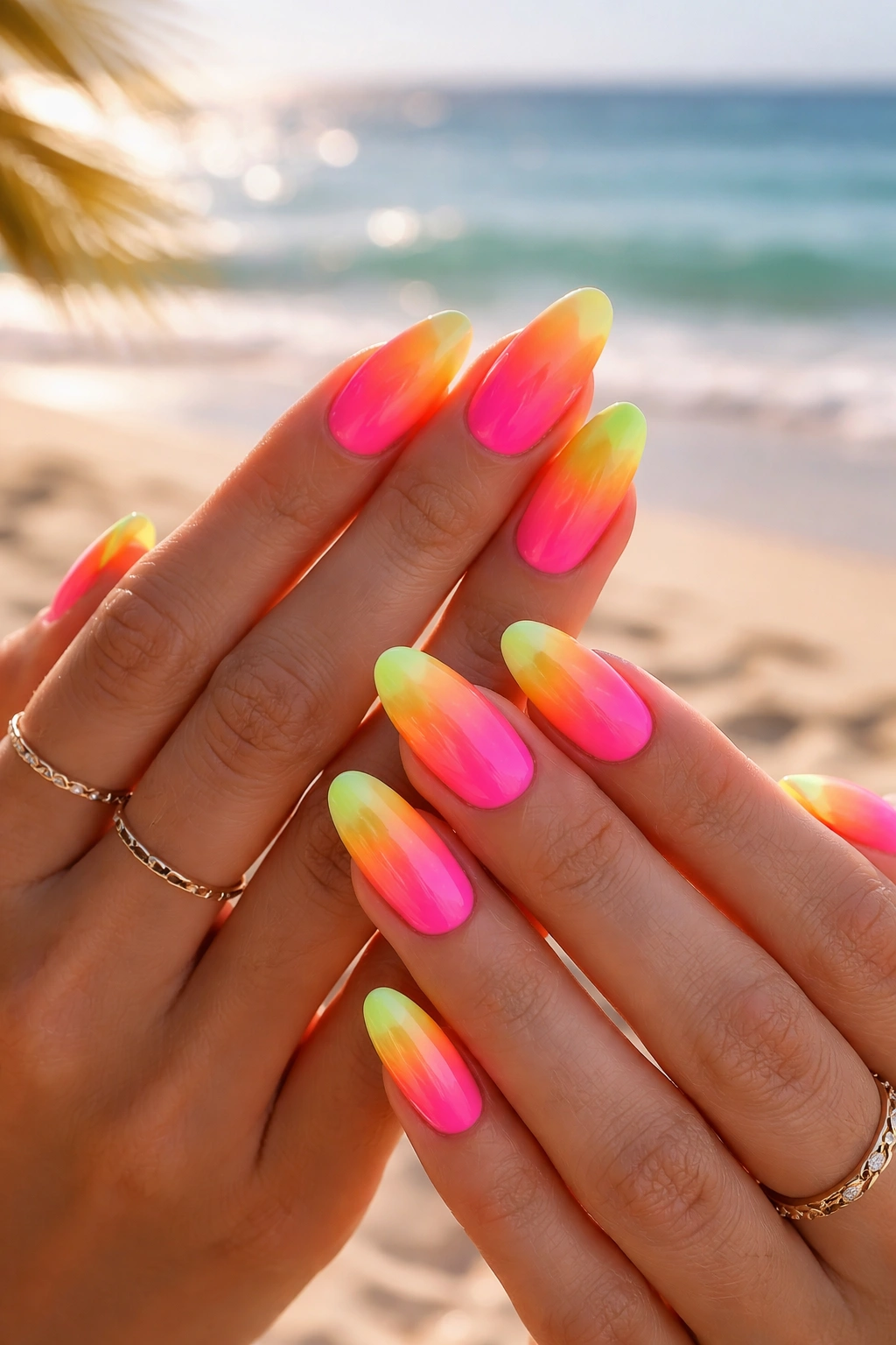 Close-up of neon ombre manicure on sun-kissed hands