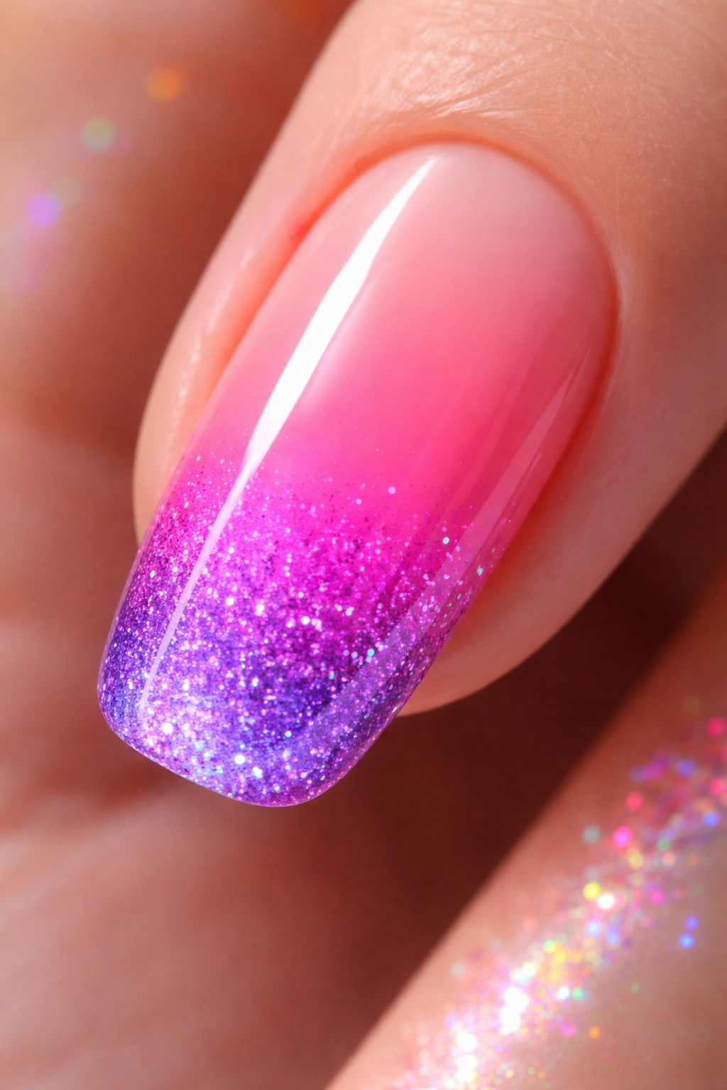 Neon ombre nails with glitter transition at the tip on a nude base