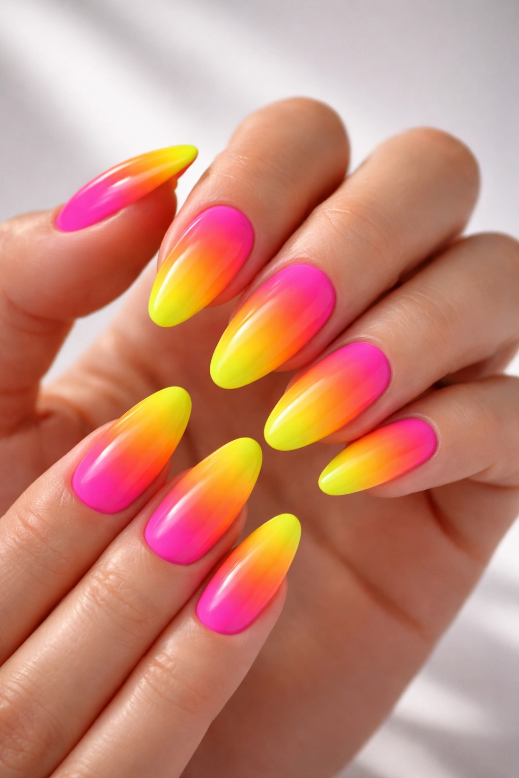 Close-up of hands showing neon ombre gradient nails transitioning pink to yellow