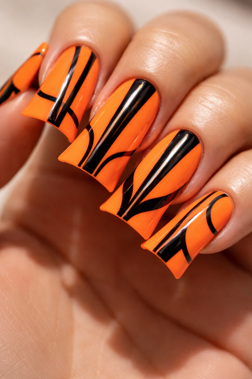 Close-up of duck nails with neon orange and black line details