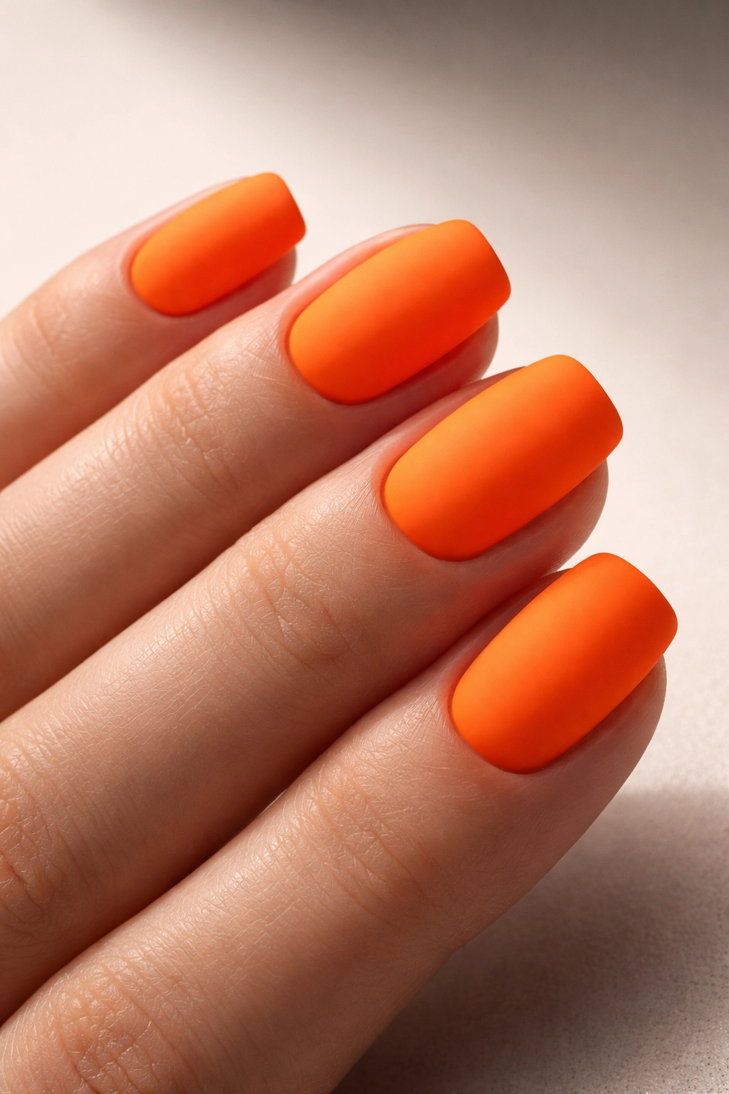 Neon orange matte nails on short squoval nails