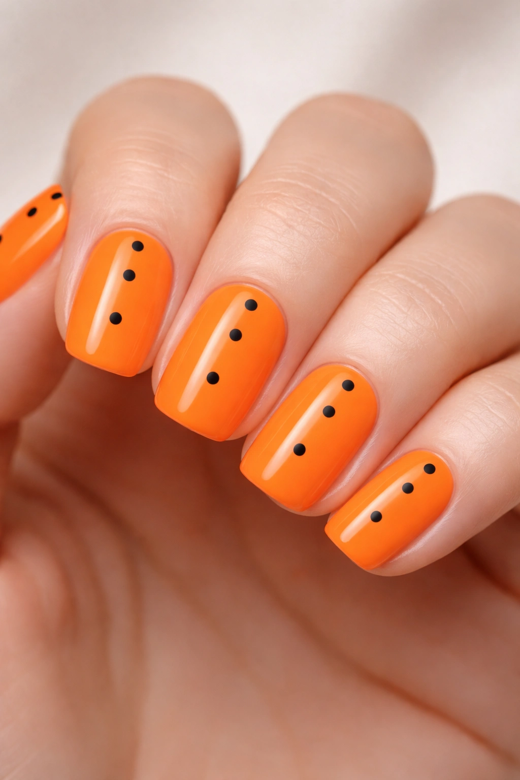 Close-up of neon orange nails with evenly spaced black dot pattern
