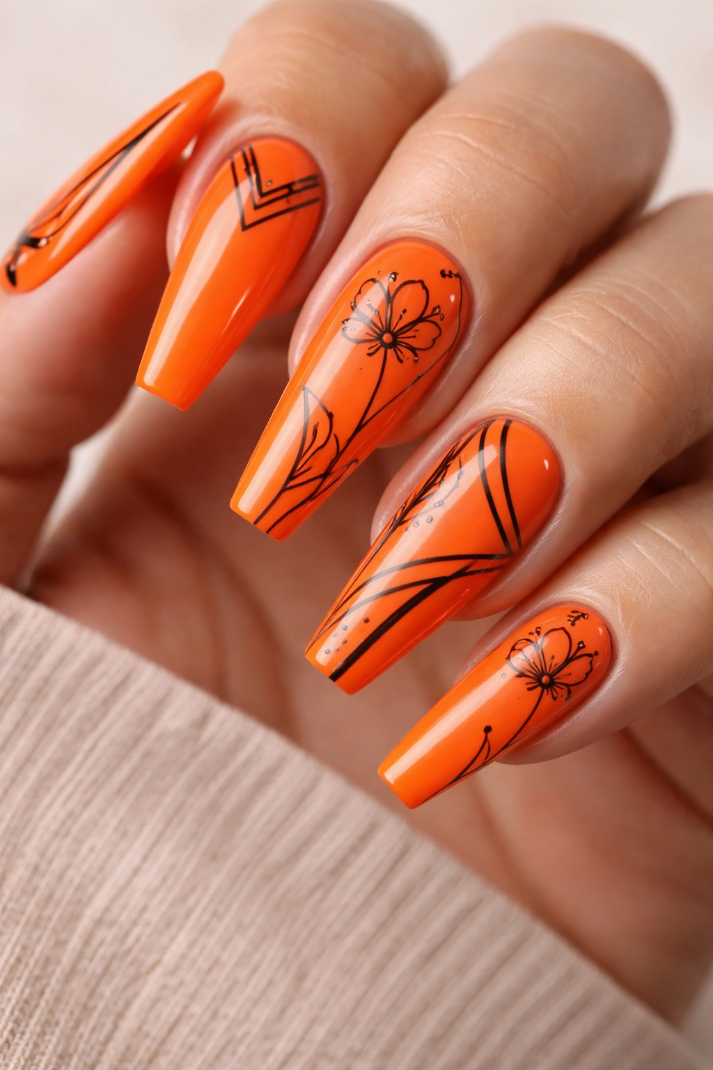 Close-up of neon orange coffin nails with black line art