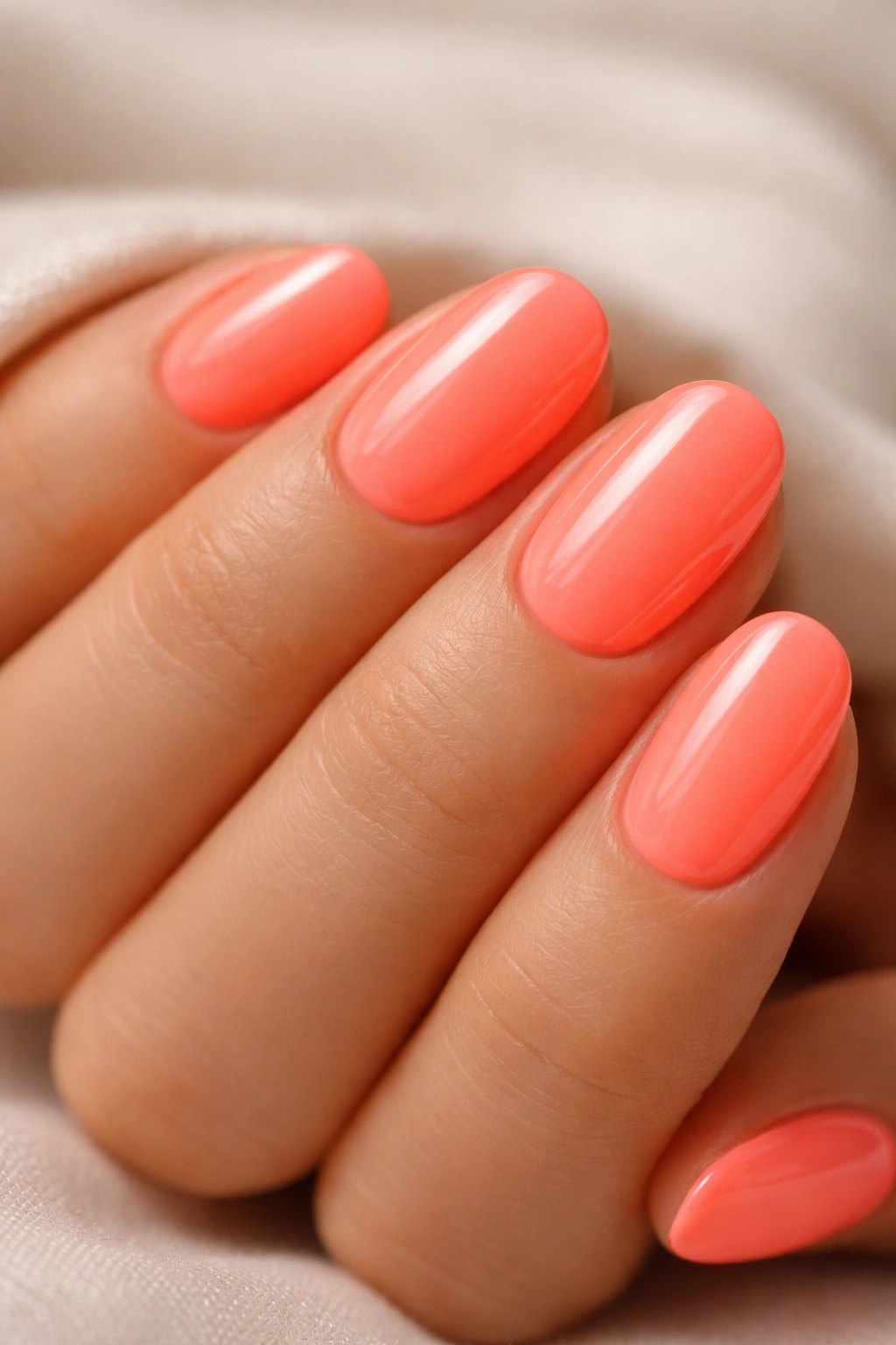 Close-up of neon peach short oval nails with a glossy top coat