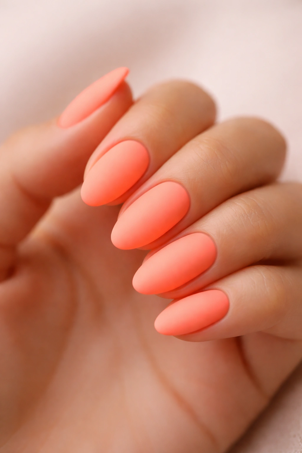 Close-up of a short almond neon peach nail with a matte finish