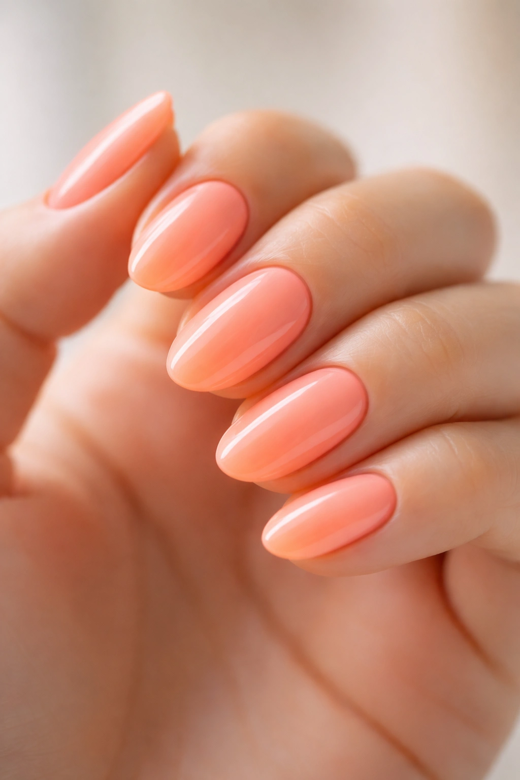 Close-up of neon peach short almond nails with a glossy glow