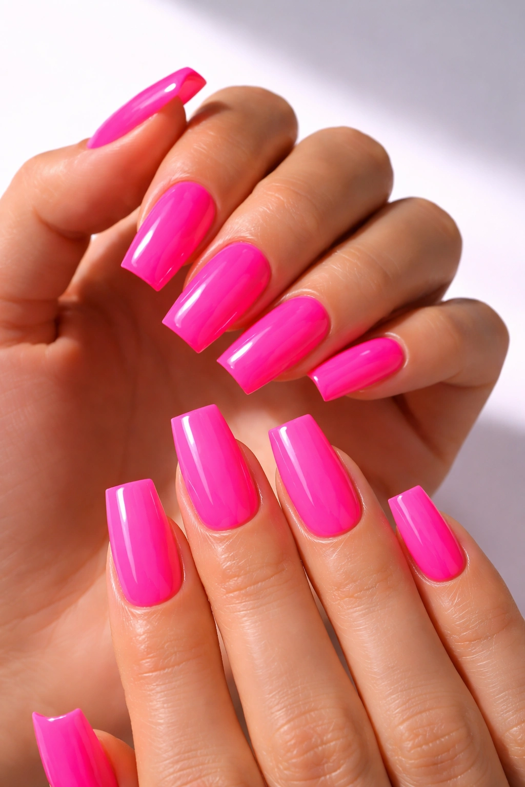 Close-up of neon pink acrylic nails with glossy finish