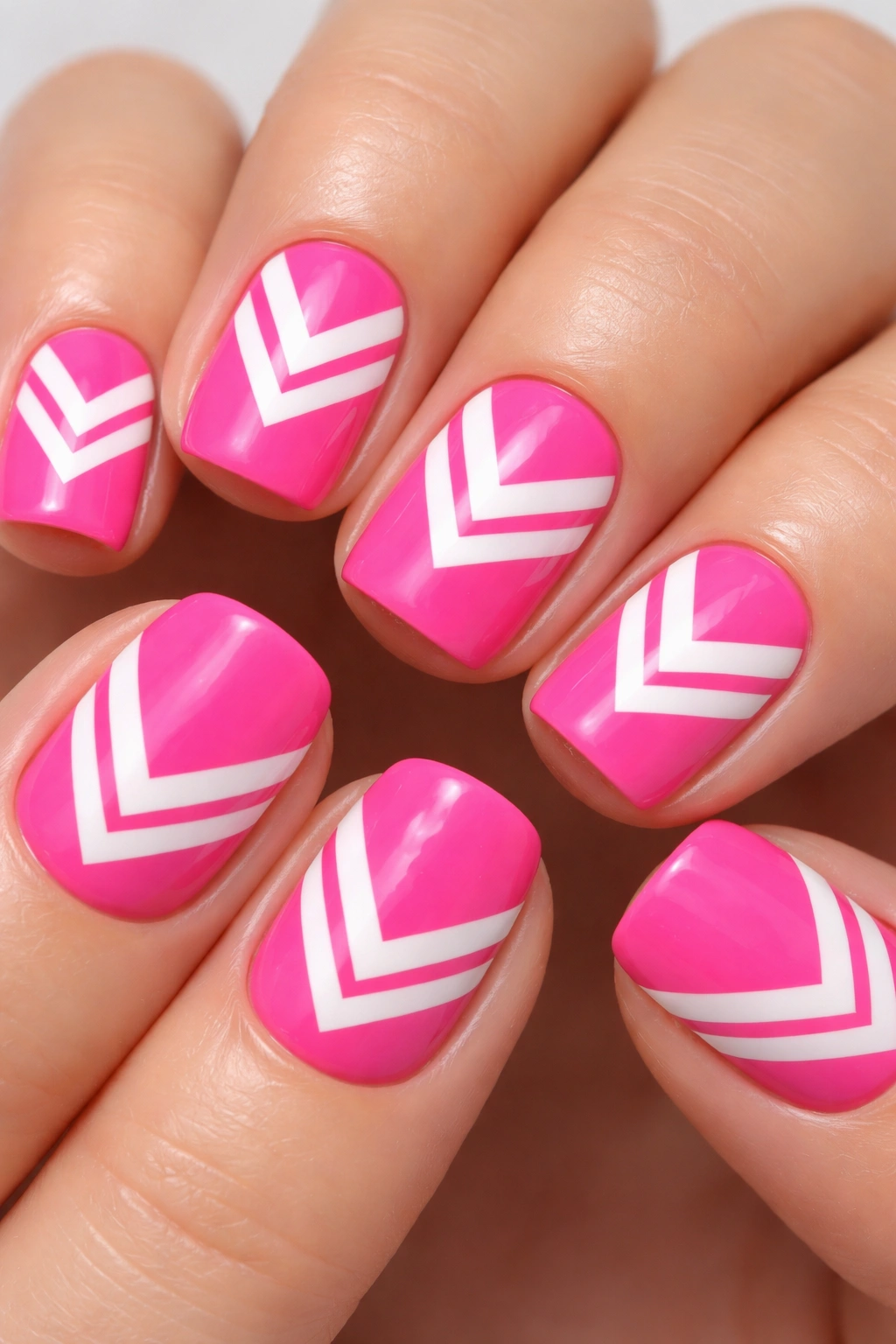 Close-up of short squoval nails with neon pink and white chevron patterns