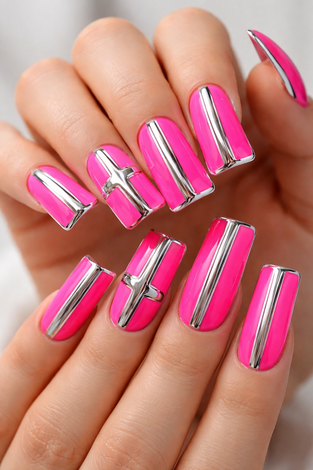 Close-up of neon pink duck nails with chrome stripes on hands