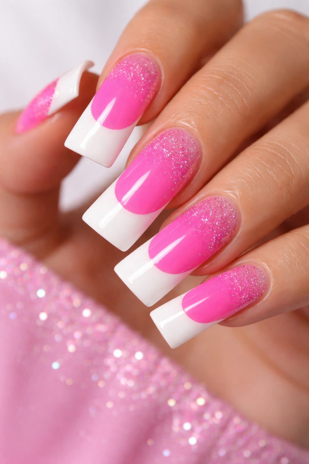 Close-up of neon pink nails with white French tips and glitter gradient