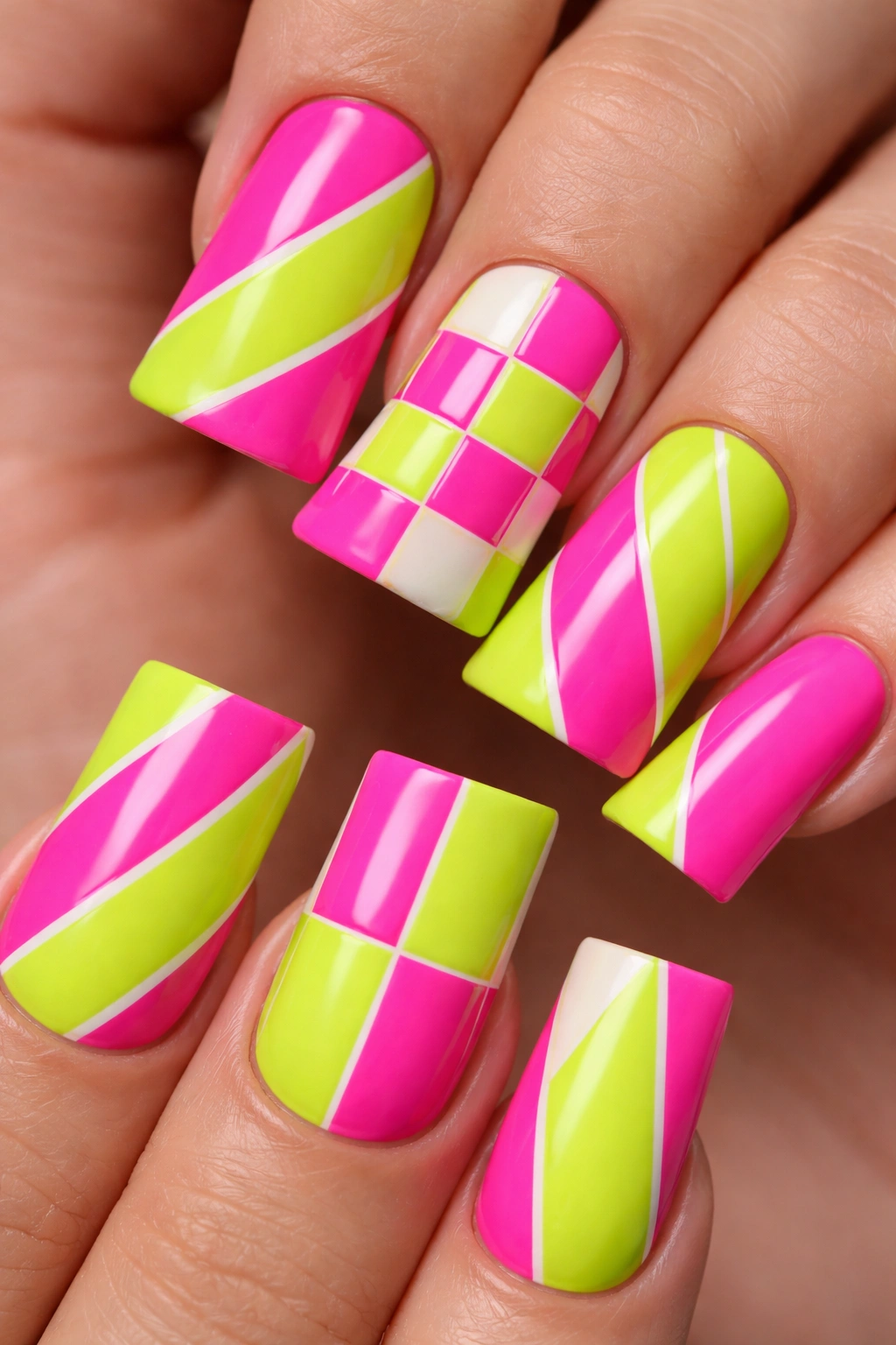 Close-up of duck nails with neon pink and lime green geometric patterns