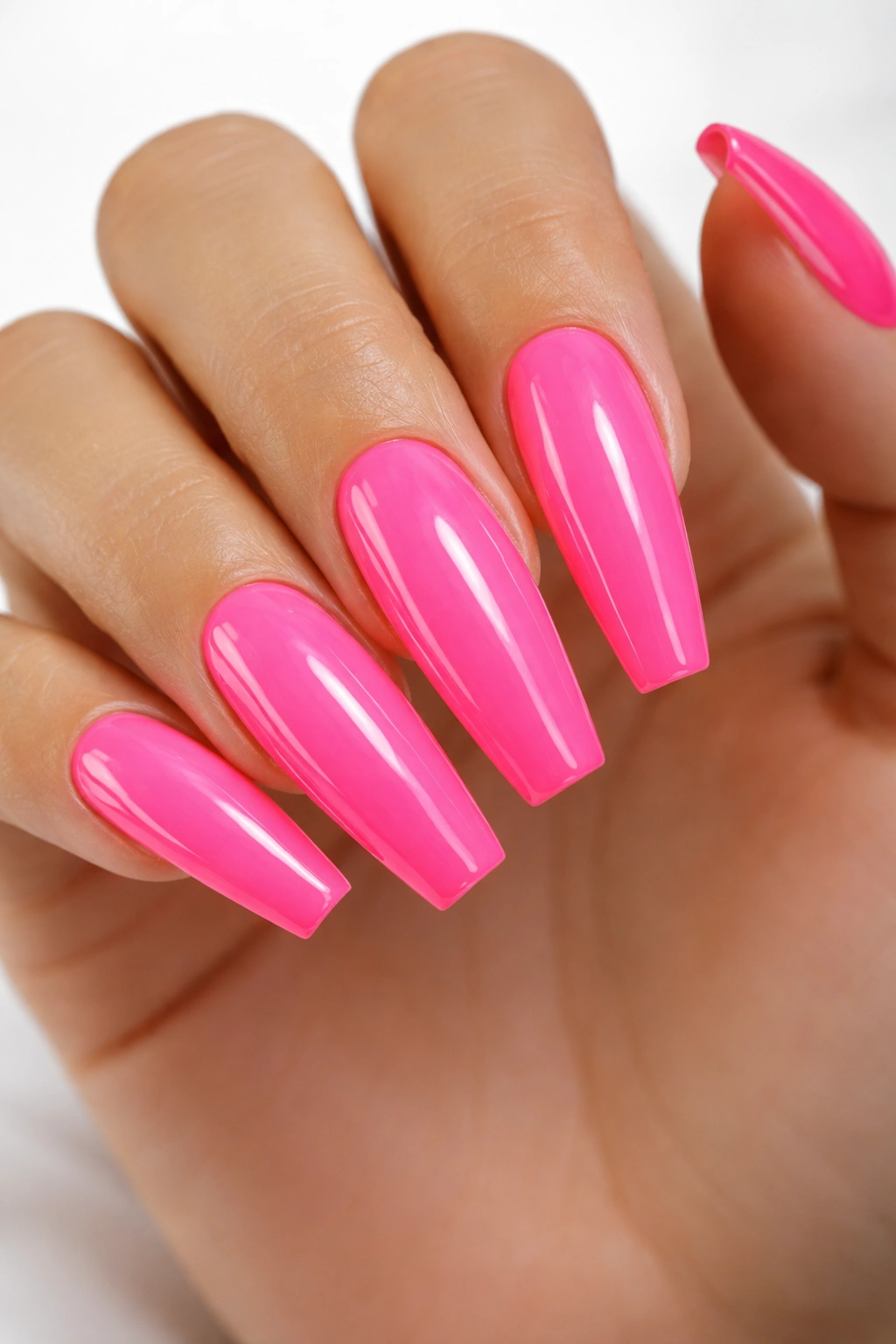 Close-up of neon pink coffin nails with ultra-glossy finish