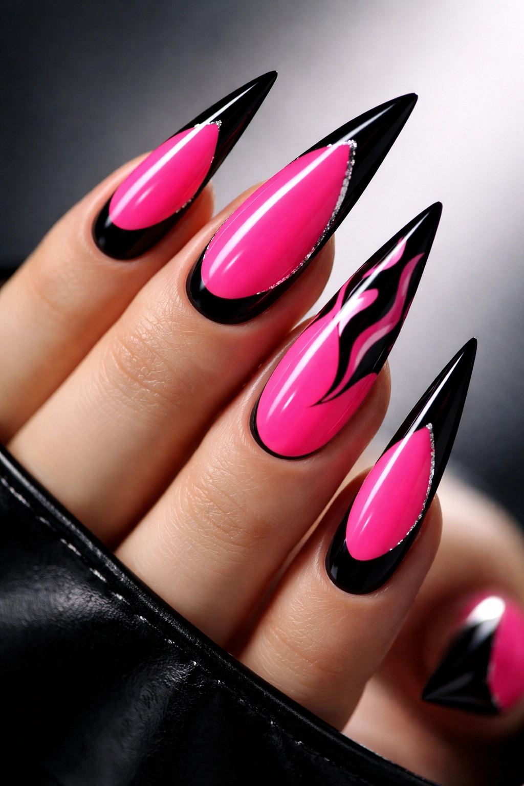 Close-up of neon pink stiletto nails with black accents