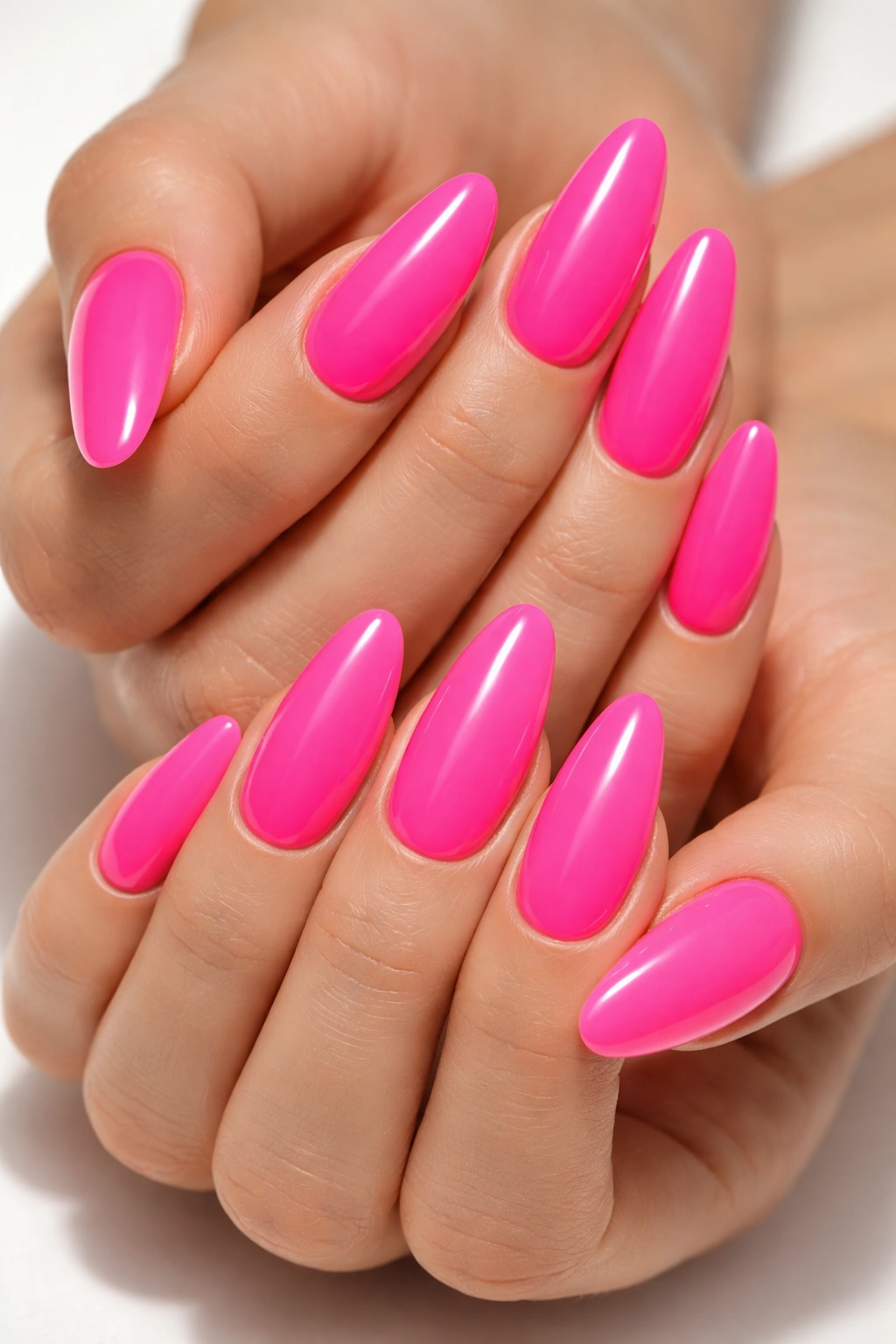 Close-up of hands with neon pink nails