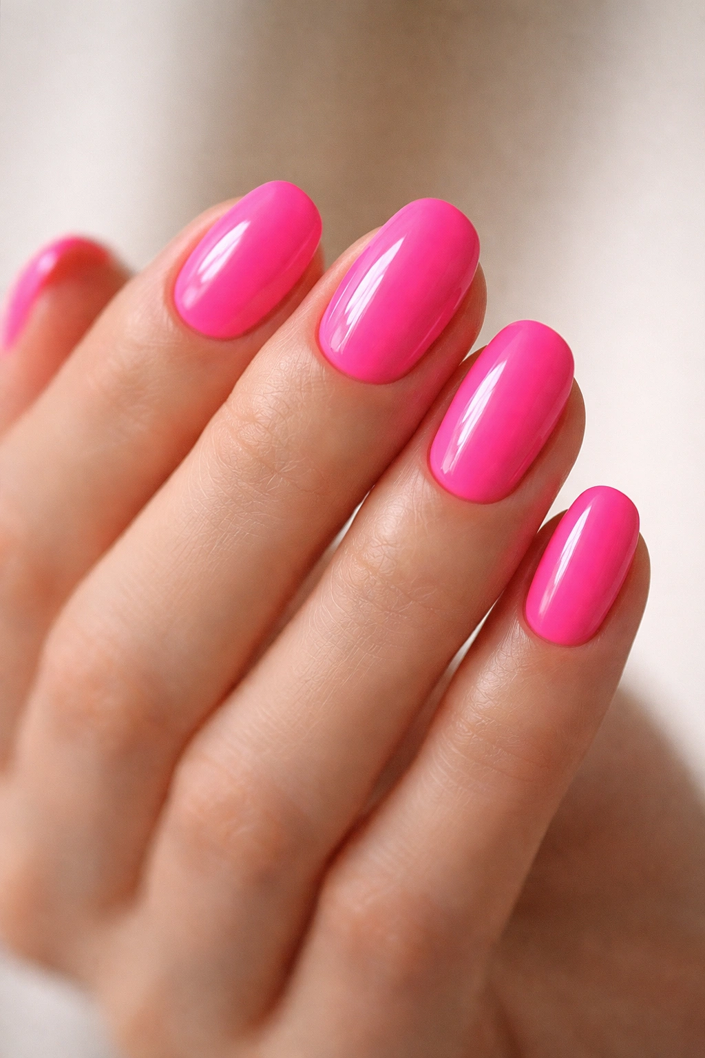 Close-up of neon pink short oval nails with glossy finish on a hand